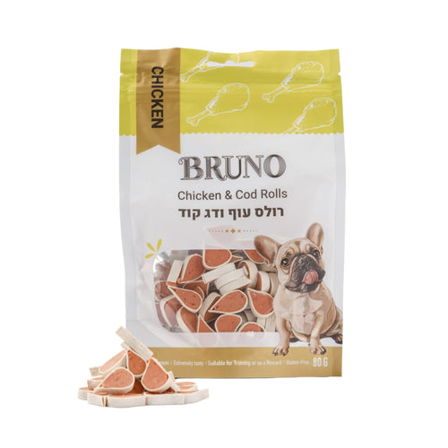 חטיף כלבים ברונו רולס עוף ודג קוד 80 גרם