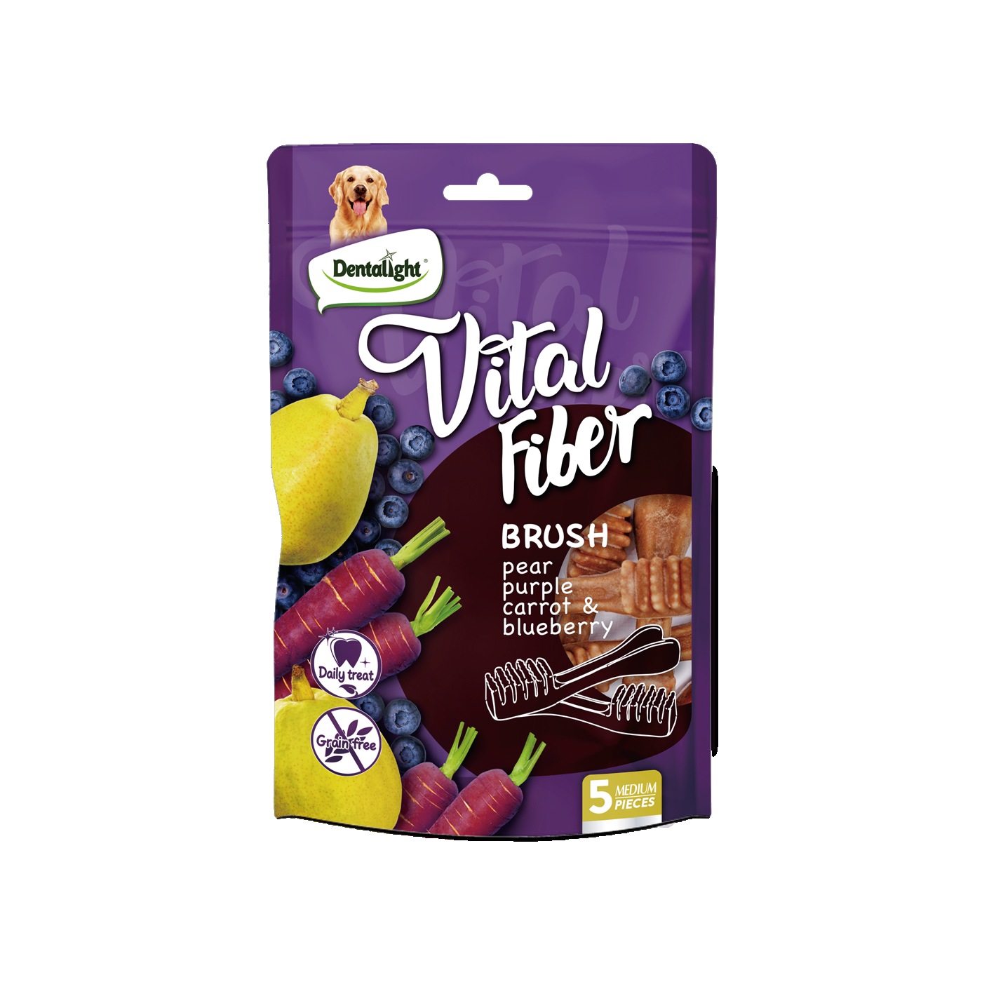 Dentalight 3.7" Vital Fiber Brushx5pcs 85g Pear, Purple carrot, Blueberry - SKU 10103