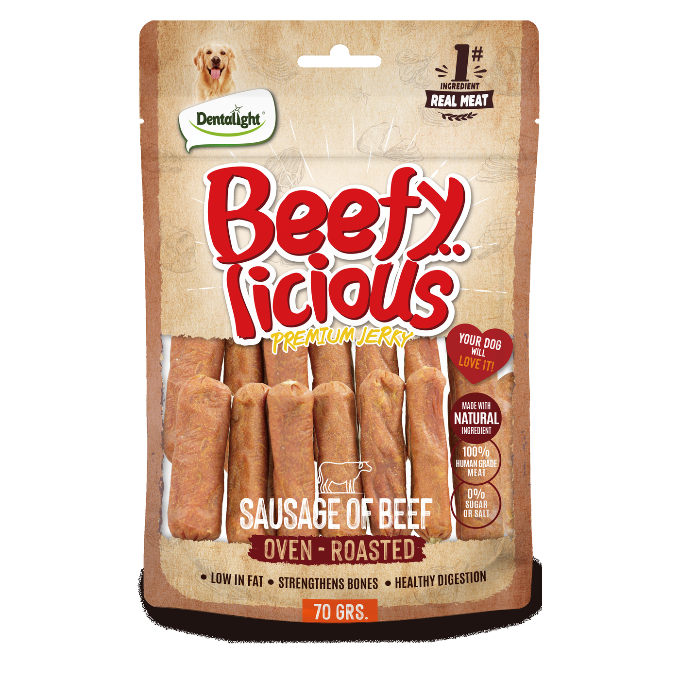 Dentalight Beefy Licious Premium Jerky BEEF SAUSAGE OF BEEF 70g - SKU 13463