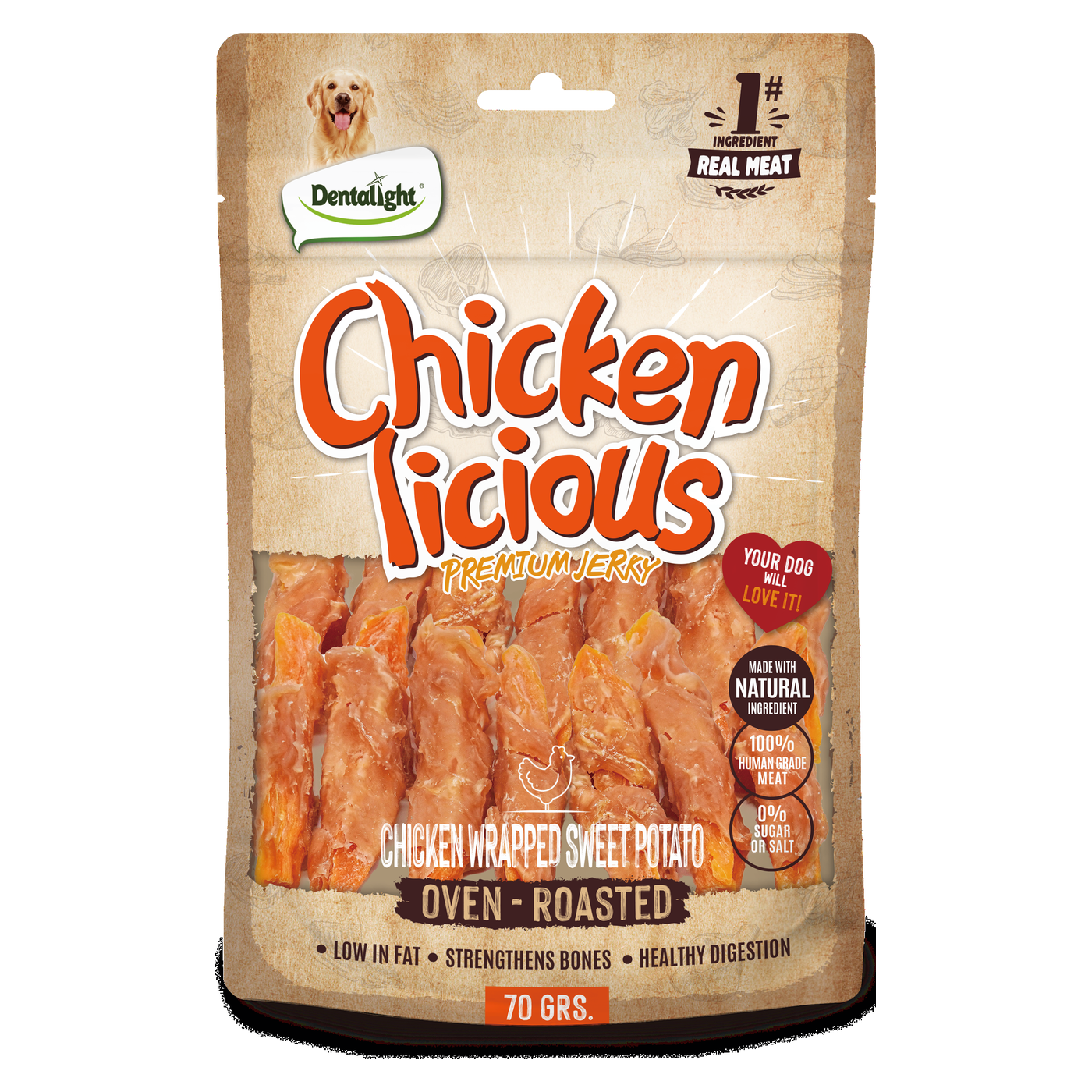 Dentalight Chicken Licious Premium Jerky CHICKEN WRAPPED SWEET POTATO 70g - SKU 13098