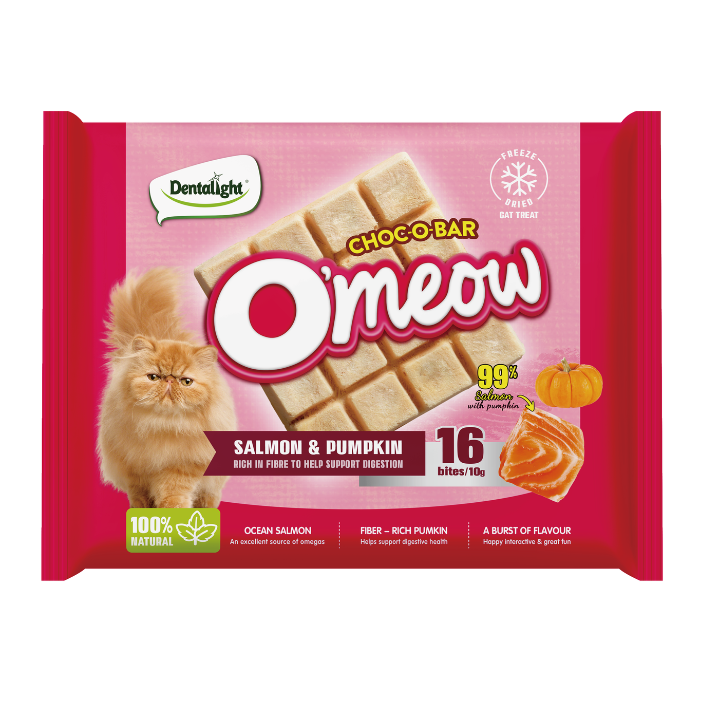 Dentalight O'mew Choc-O-Bar Freeze Dried Cat Treat SALMON & PUMPKIN 10g - SKU 14002