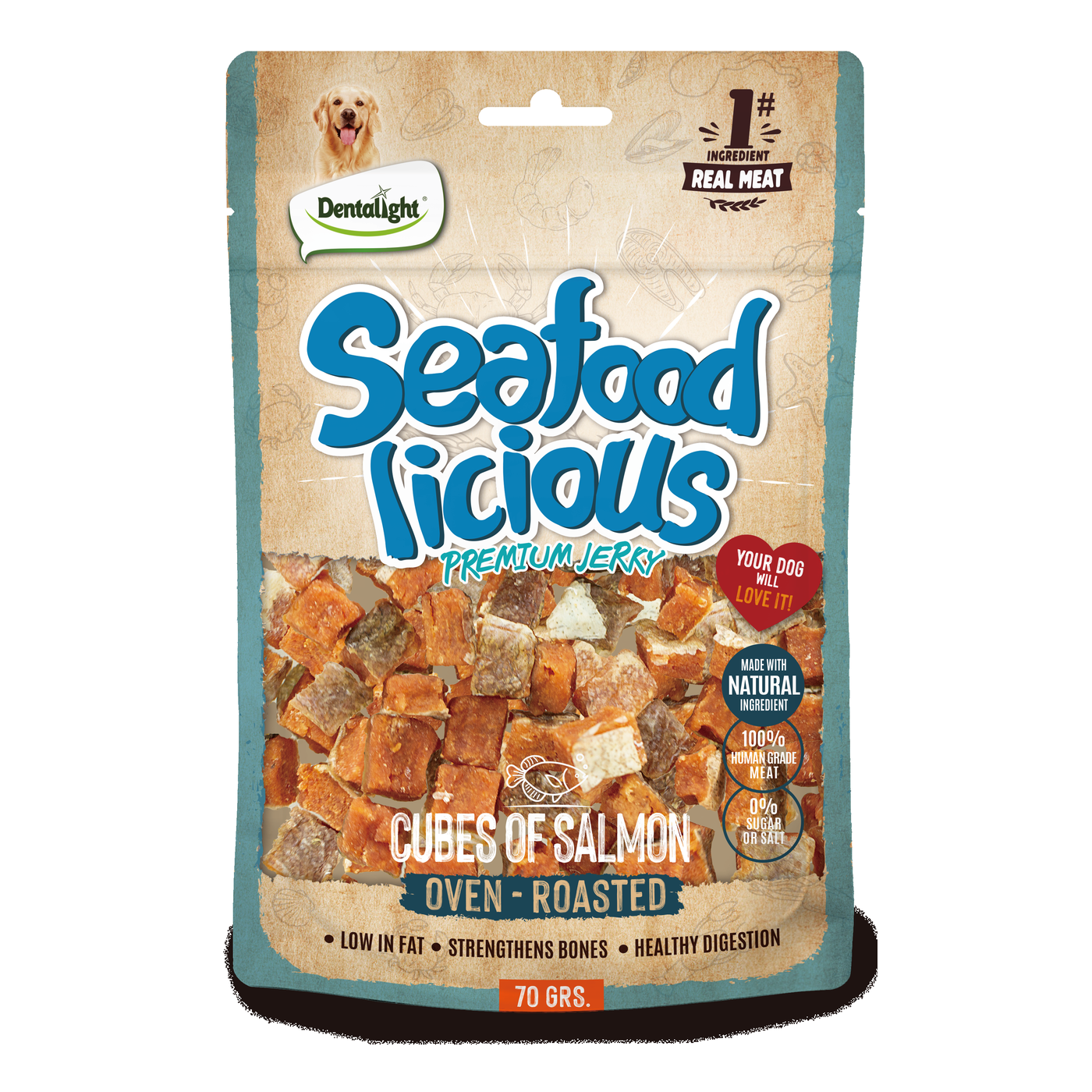 Dentalight Seafood Licious Premium Jerky CUBE OF SALMON 70g - SKU 13357
