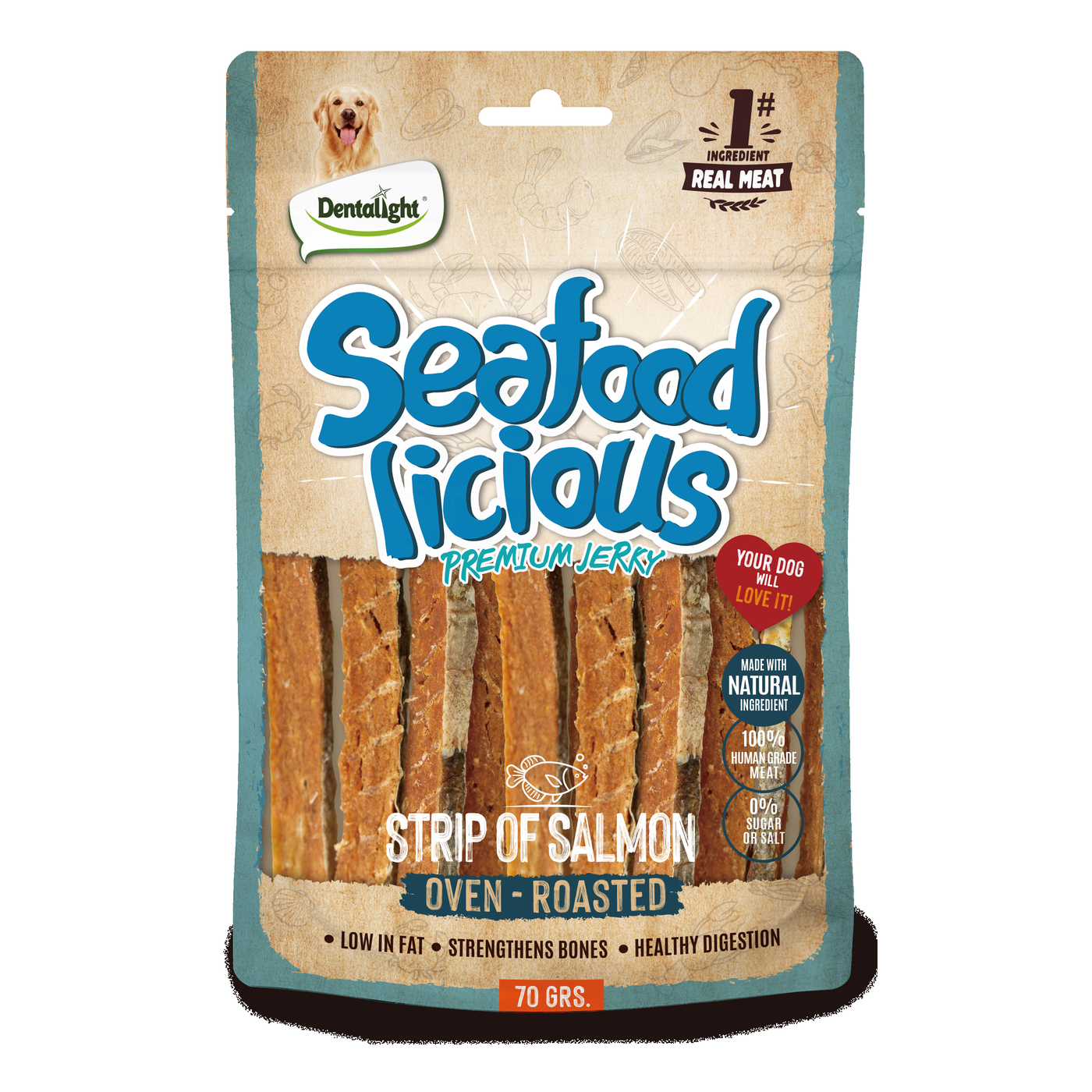 Dentalight Seafood Licious Premium Jerky STRIP OF SALMON 70g - SKU 13340